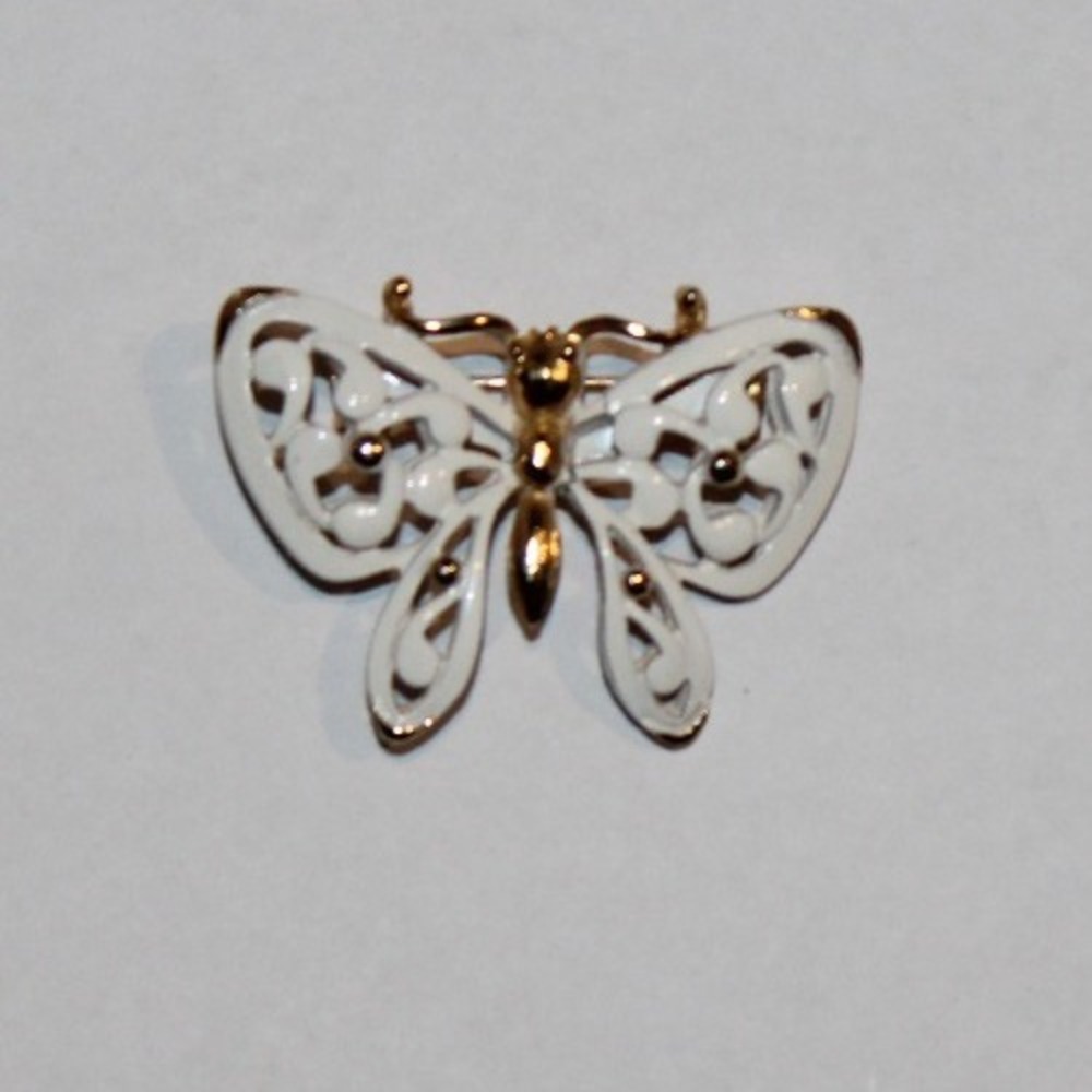vintage brooch pin white & gold tone enamel butterfly
